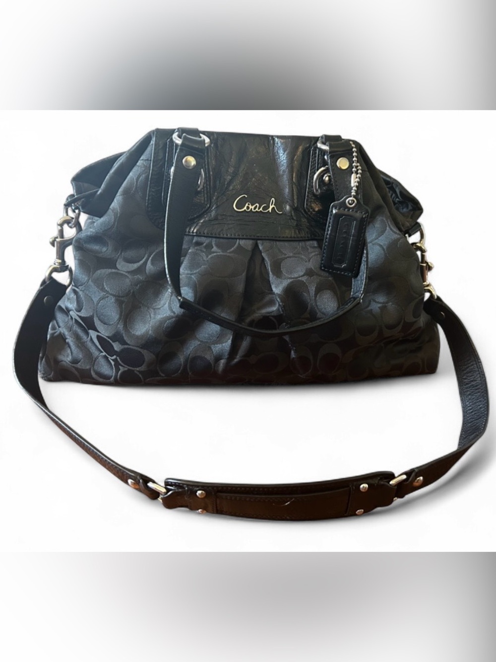 Coach Ashley Signature Black Sateen and Leather Satchel with Silver Hardware - Picture 3 of 11